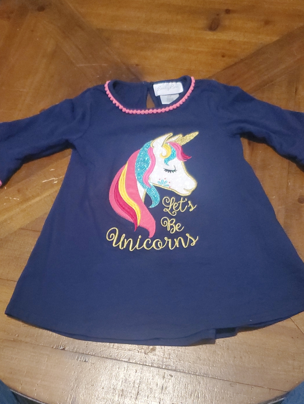 Emily Rose Navy Long-Sleeve Unicorn Tee with Pink Trim and Multicolor Mane